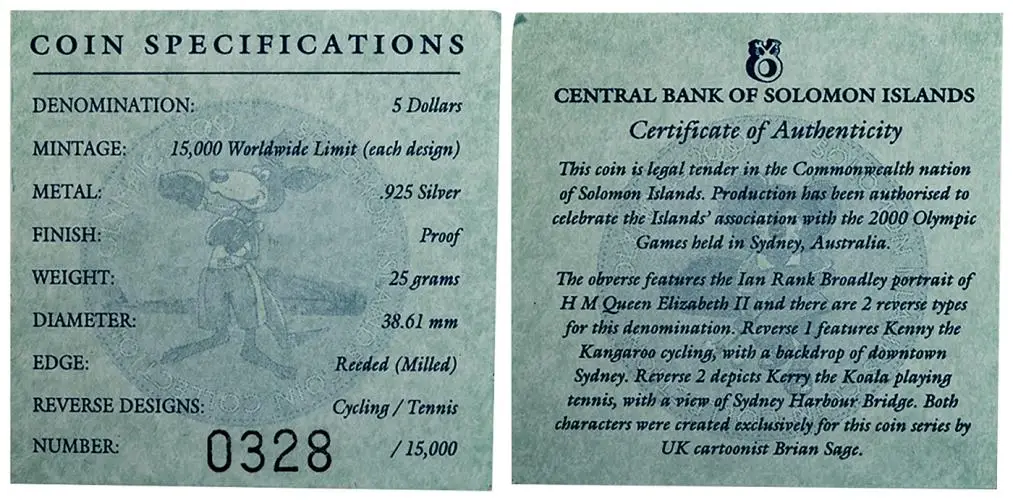 2000 Silver Proof $5 coin Tennis Olympic Games with Cert and Box - Solomon Islands - Pre-Owned certificate