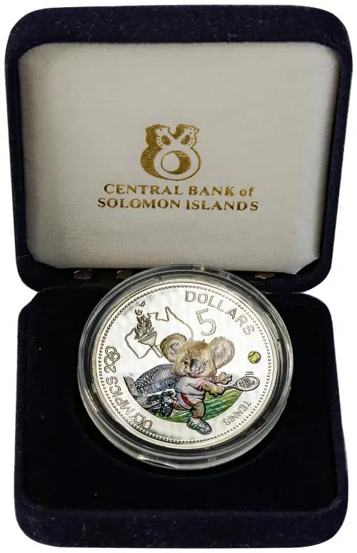 2000 Silver Proof $5 coin Tennis Olympic Games with Cert and Box - Solomon Islands - Pre-Owned reverse display
