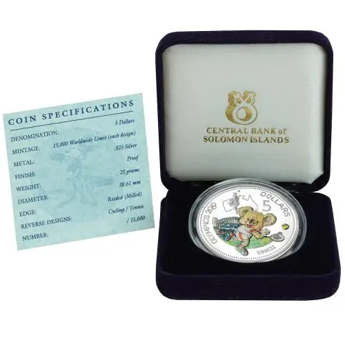 2000 Solomon Islands 'Tennis Olympic Games' $5 Silver Proof coin - Pre-Owned box display