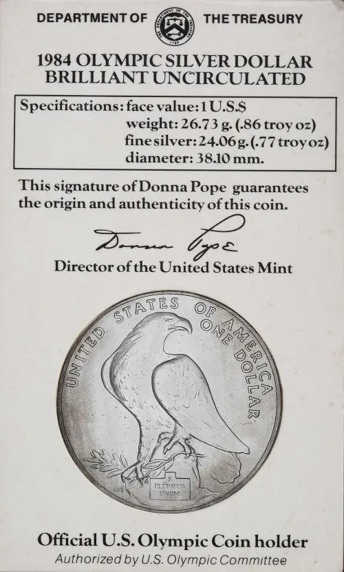 1984 Silver BU 1984 Olympics 1 Dollar Coin Single United States of America Philadelphia Mint obv in card