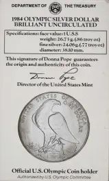 1984 Silver BU 1984 Olympics 1 Dollar Coin Single United States of America Philadelphia Mint obv in card