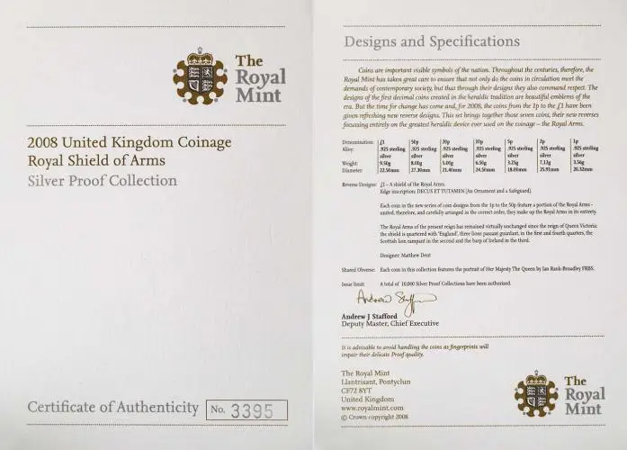2008 Silver Proof Annual Shield of Arms Coin Sets United Kingdom certificate and specifications