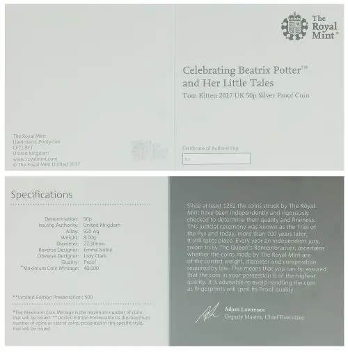 2017 Beatrix Potter World In Black Presentation Box certificate