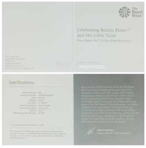 2017 Beatrix Potter World In Black Presentation Box certificate