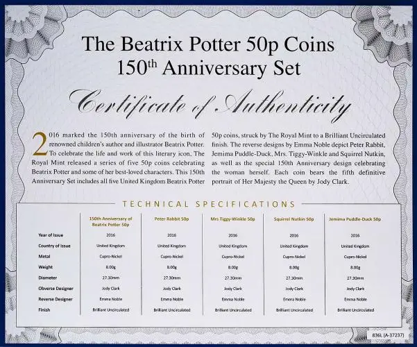 2016 Base Metal BU Beatrix Potter 150th Anniversary  50 Pence  Coin Sets United Kingdom The Royal Mint 5 Coins Certificate
