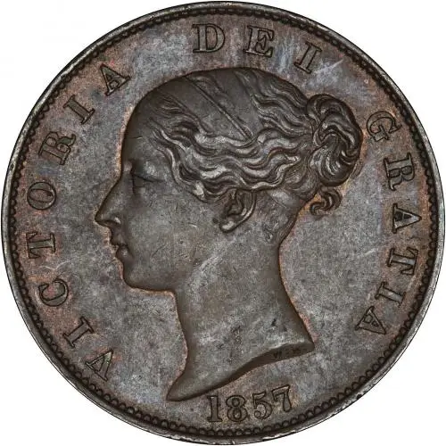 Obverse of 1857 Victoria Copper Graded Halfpenny