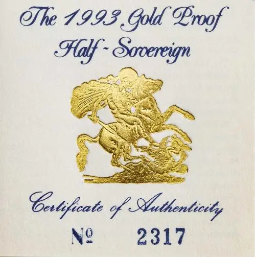 1993 Gold Proof Half Sovereign Elizabeth II  Coin Single United Kingdom coa