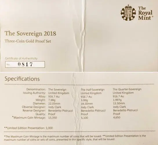 2018 Gold Proof Elizabeth II Sovereign 3 Coin Set Without Outer Box with certificate