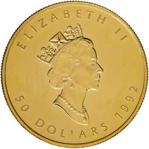 1992 Gold Bullion Ungraded 1 Ounce Maple  Coin Single Canada Royal Canadian Mint Obverse