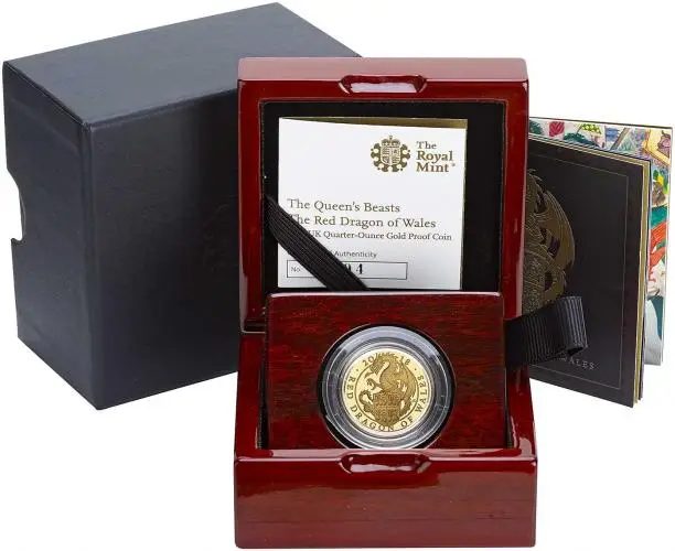 2018 Gold Proof 0.25 Ounce Queen's Beasts Red Dragon of Wales  Coin Single United Kingdom The Royal Mint in box