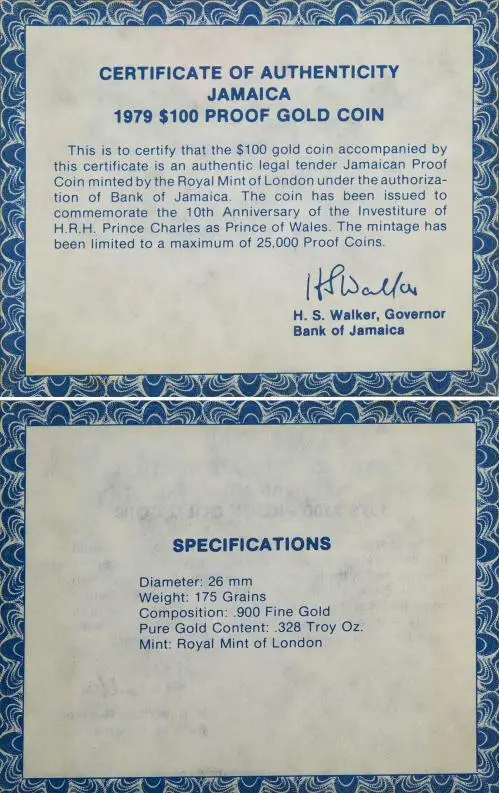 Jamaica 1979 Gold Proof $100 Coin cert and specs