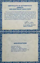 Jamaica 1979 Gold Proof $100 Coin cert and specs