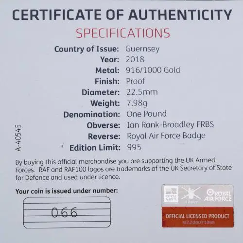 2018 Gold Proof RAF Centenary Badge £1  Coin With Box with Cert Guernsey The Royal Mint specs
