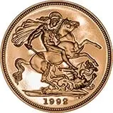 1992 Gold Full Sovereign Elizabeth II Proof w/o Cert Reverse