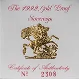 1992 Gold Full Sovereign Elizabeth II Proof w/o Cert Certificate