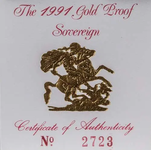 1991 Gold Full Sovereign Elizabeth II Proof Certificate