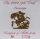 1991 Gold Full Sovereign Elizabeth II Proof Certificate
