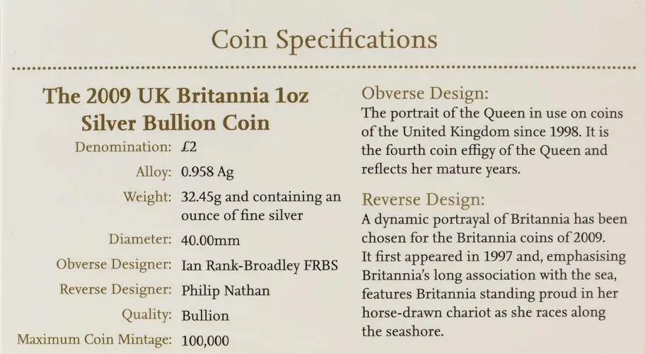 2009 Silver Bullion 1 Ounce Britannia Coin In Sleeve specifications