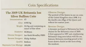 2009 Silver Bullion 1 Ounce Britannia Coin In Sleeve specifications