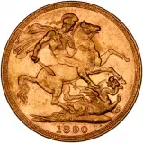 1890 gold sovereign coin reverse design showing St George and the Dragon by Benedetto Pistrucci 