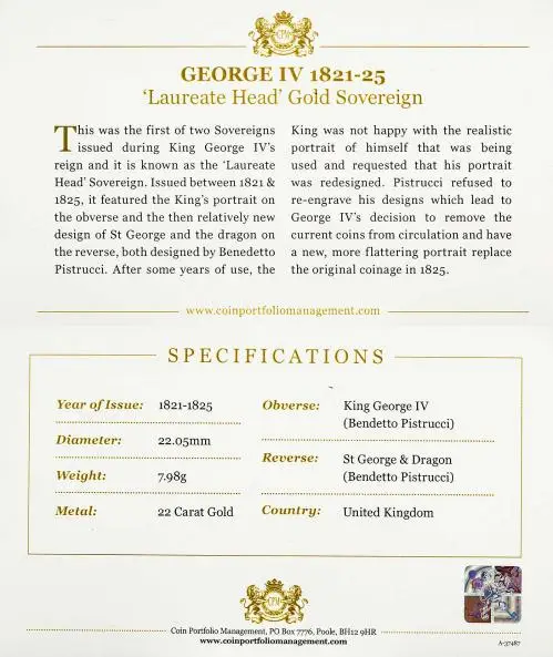 1821 Gold Proof Full Sovereign George IV London specs