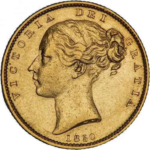 1850 Gold Sovereign Victoria Young Head Shield London Mint VF obverse