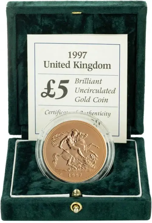 1997 Gold Brilliant Uncirculated Quintuple Sovereign £5 St George  in box