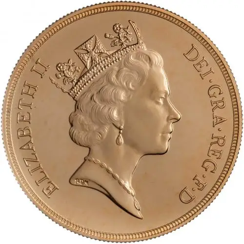 1997 Gold Brilliant Uncirculated Quintuple Sovereign £5 St George  obv