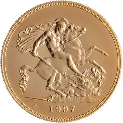 1997 Gold Brilliant Uncirculated Quintuple Sovereign £5 St George  rev