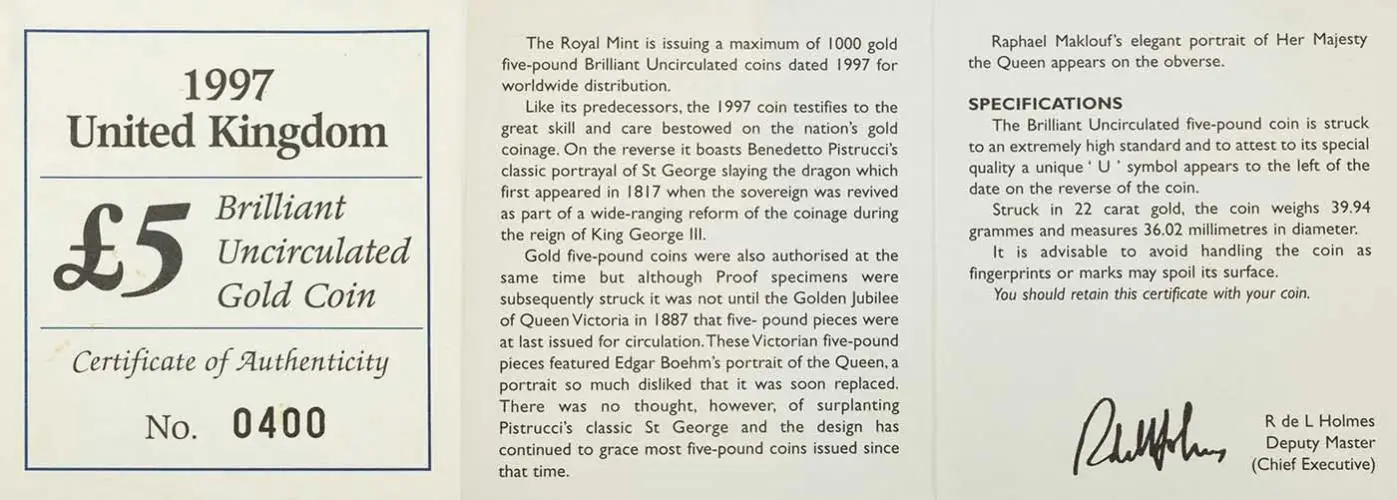 1997 Gold Brilliant Uncirculated Quintuple Sovereign £5 St George  with cert