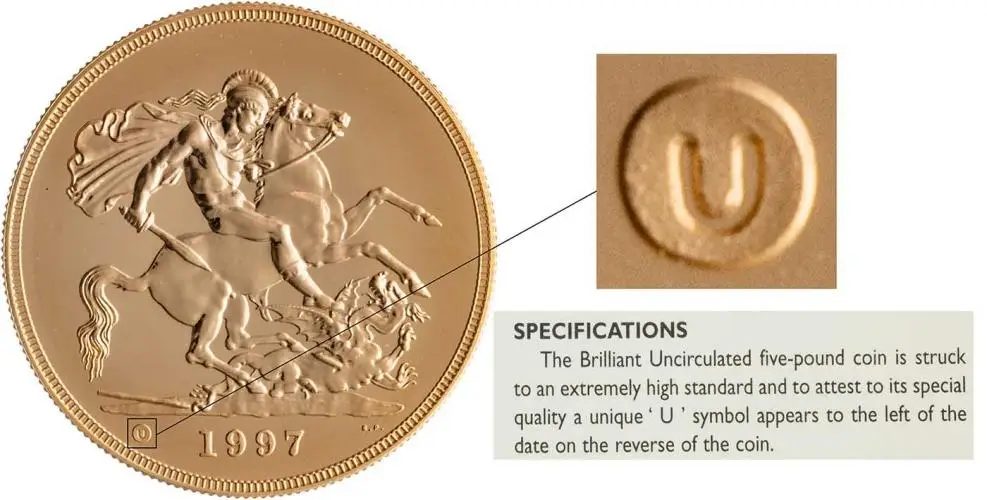 1997 Gold Brilliant Uncirculated Quintuple Sovereign £5 St George  with overlay of U