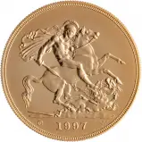 1997 Gold Brilliant Uncirculated Quintuple Sovereign £5 St George  rev