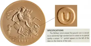 1997 Gold Brilliant Uncirculated Quintuple Sovereign £5 St George  with overlay of U