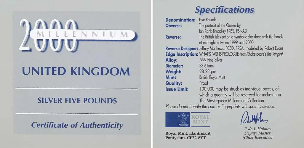1999 Silver Proof Millennium £5 Coin certificate and specifications