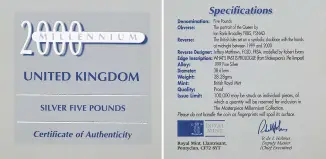 1999 Silver Proof Millennium £5 Coin certificate and specifications