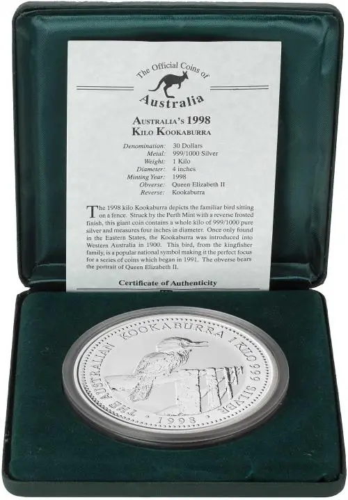 1998 Silver Bullion Ungraded 1 Kilogram Kookaburra Coin Single Australia Perth Mint reverse with cert with box