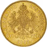 1892 8 Florins / 20 Francs Austria Gold Bullion Restrike Coin