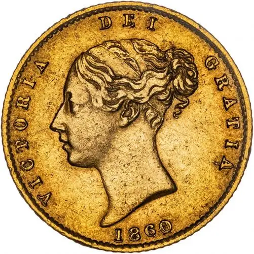 1860 Gold Half Sovereign Victoria Young Head Shield London  chards obverse image crop