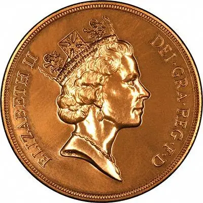 1990 Gold Five Pound Coin Quintuple Sovereign Brilliant Uncirculated Elizabeth II Obverse