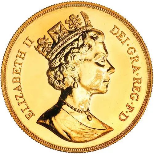 1987 Uncoupled Portrait Quintuple Sovereign Gold Brilliant Uncirculated Coin obverse