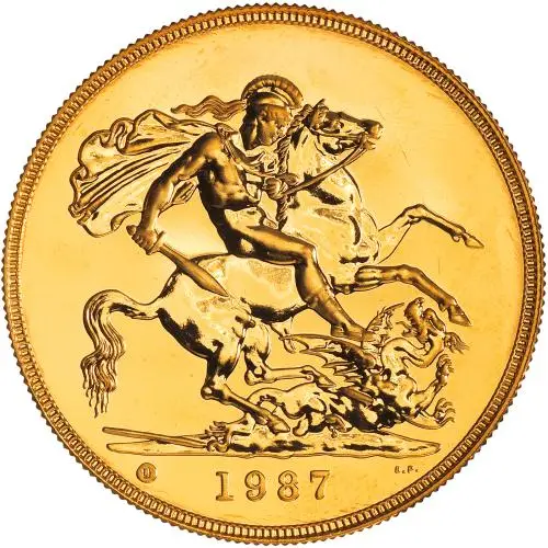 1987 Uncoupled Portrait Quintuple Sovereign Gold Brilliant Uncirculated Coin reverse