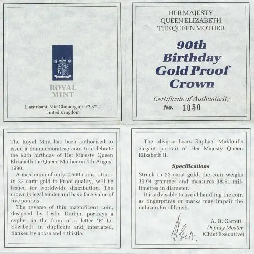 1990 Queen Mother 90th Birthday Gold Proof £5 Crown with cert