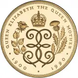 1990 Queen Mother 90th Birthday Gold Proof £5 Crown reverse
