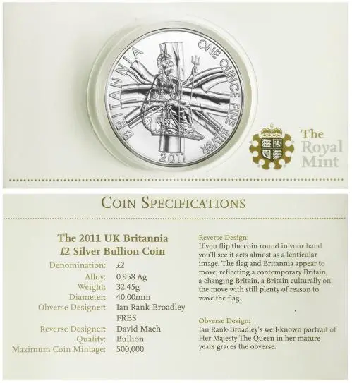 2011 Silver Bullion 1 Ounce British Decimal Pound Sterling £2  Coin In Sleeve United Kingdom The Royal Mint reverse