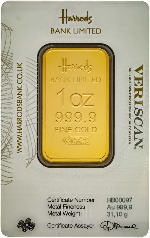 Gold 1 Ounce Harrods Bar Pre-Owned Pamp front