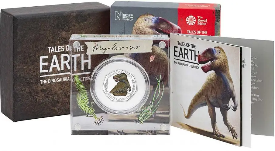 2020 Silver Proof Tales of the Earth The Dinosauria Collection Megalosaurus Coloured 50 Pence packaging