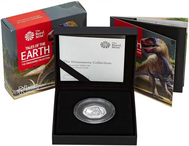 2020 Tales of the Earth: The Dinosauria Collection - Megalosaurus Silver Proof 50 Pence reverse in box
