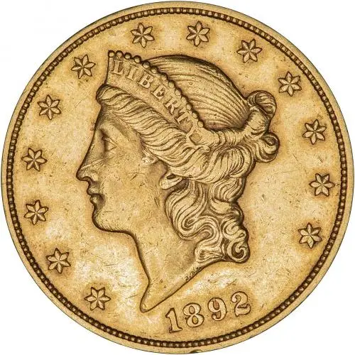 1892 Gold Graded Double Eagle US Dollar $20 Coin Single United States of America San Francisco Mint Liberty/Coronet Head Obverse gVF