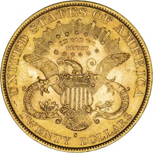1884 Gold $20 Double Eagle Coin Coronet Head San Francisco Mint Reverse aEF