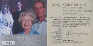 2007 Platinum Proof Diamond Wedding 5 pounds Crown Coin Single United Kingdom The Royal Mint certificate and specifications
